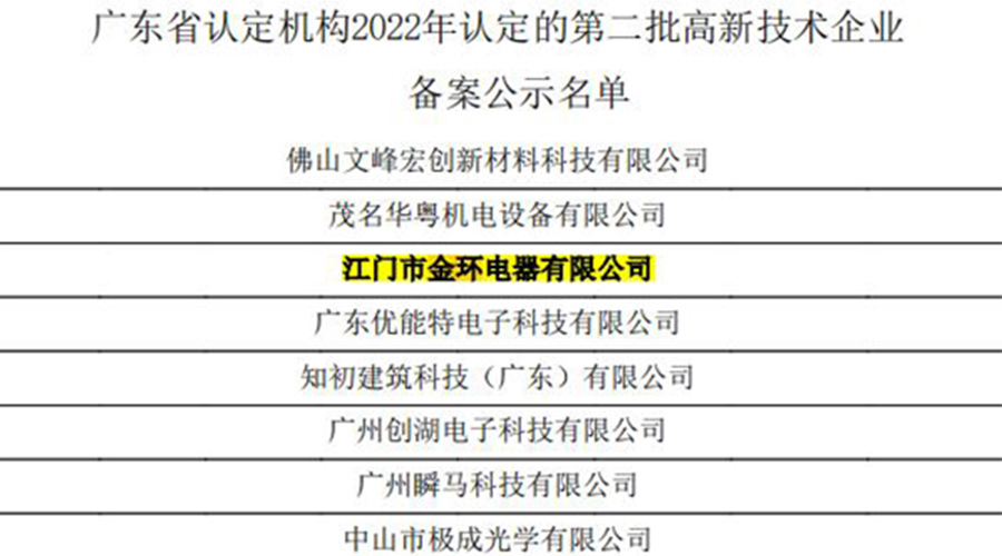 好消息！金環(huán)電器再次通過國家級“高新技術企業(yè)”認定